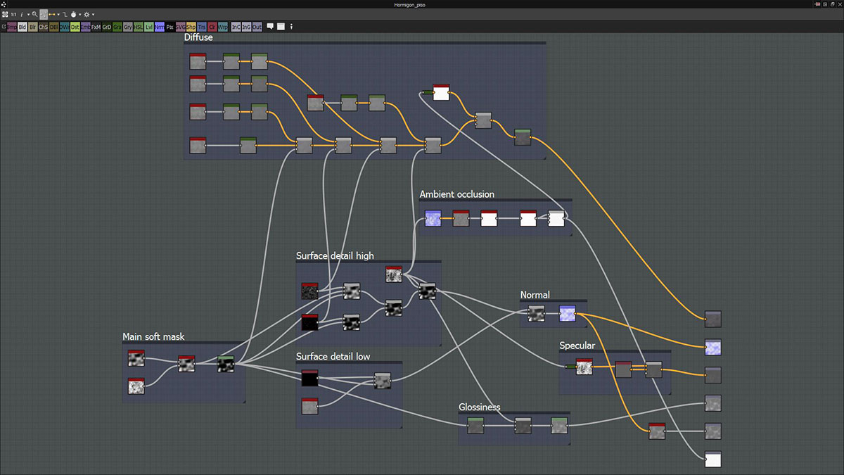 Substance Designer fundamentally relies on nodes in order to describe fully parametric fractal-based textures.